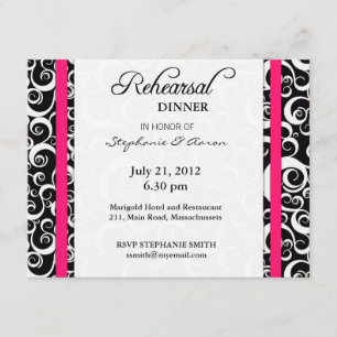 Damask Swirl Rehearsal Dinner Card in Hot Pink