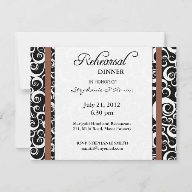 Damask Swirl Rehearsal Dinner Card in Mocha (Front)