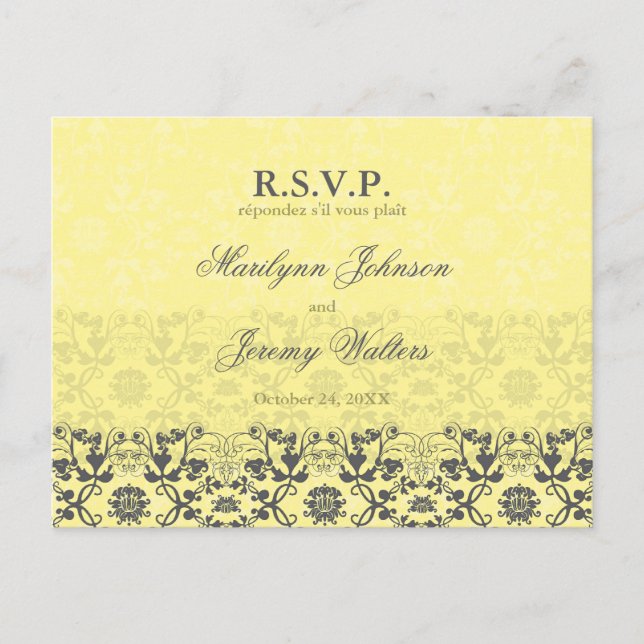 Damask Swirls Lace Butter RSVP Wedding Postcard (Front)
