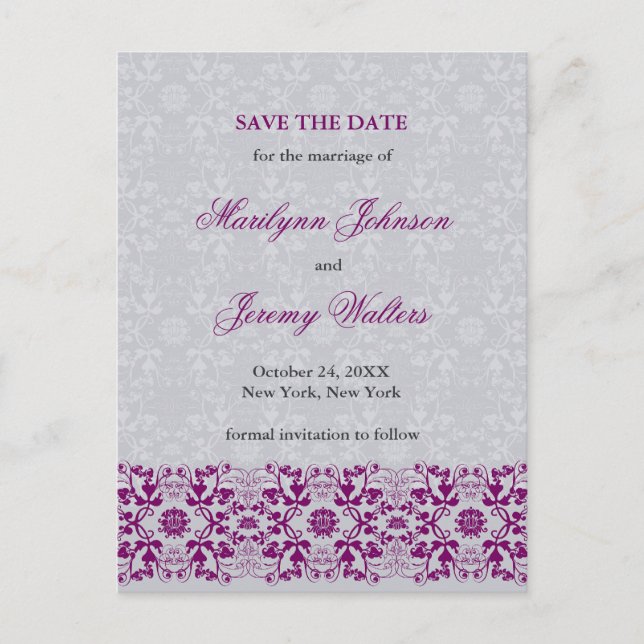 Damask Swirls Lace Orchid Save The Date Postcard (Front)