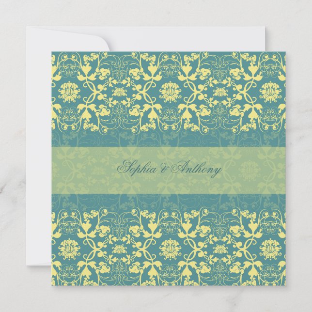 Damask Swirls Lace Peacock Blue Wedding Invitation (Front)