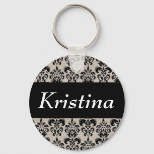 Damask Tan And Black Floral Personalised Name Key Ring