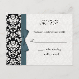 Damask Teal Bow Wedding RSVP Card