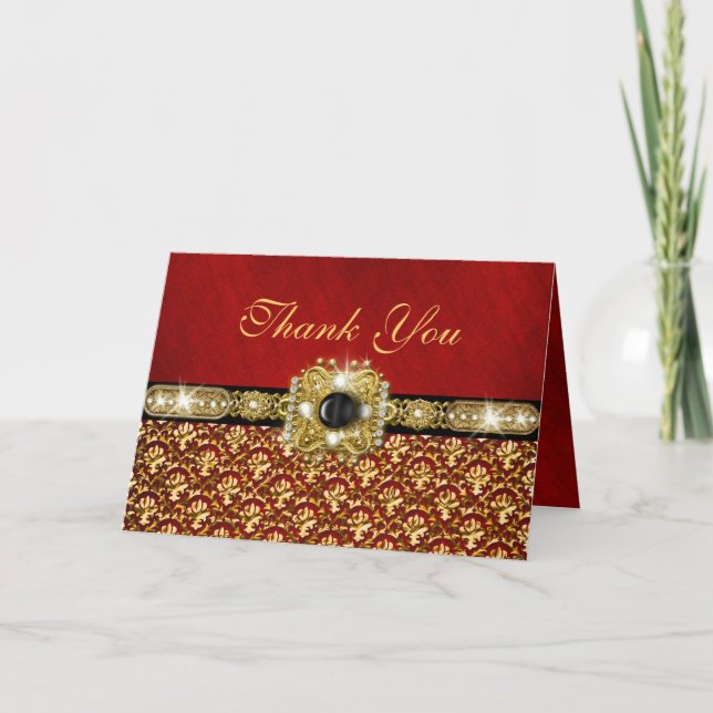 Damask "thank you" black red gold thank you card (Front)