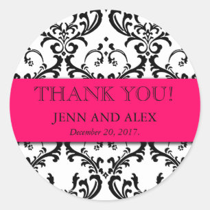 Damask Thank You Wedding Stickers Favours Hot Pink