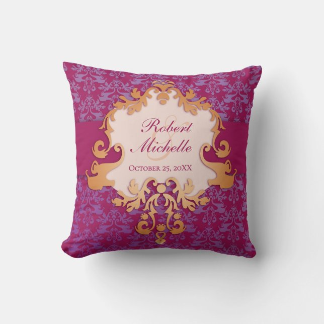 Damask throw pillow commemorative wedding pillow (Front)
