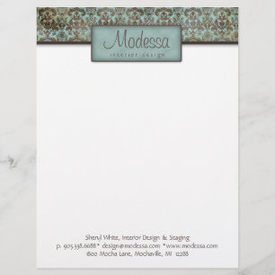 Damask Turquoise Blue Brown Interior Design Customized Letterhead