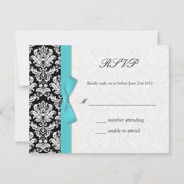 Damask Turquoise Bow Wedding RSVP Card (Front)