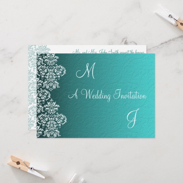 Damask Turquoise Wedding Invitation (Front/Back In Situ)