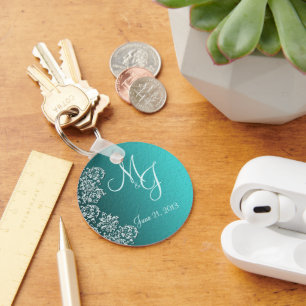 Damask Turquoise Wedding Key Chain