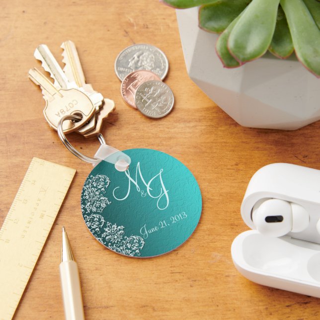 Damask Turquoise Wedding Key Chain (Desk)