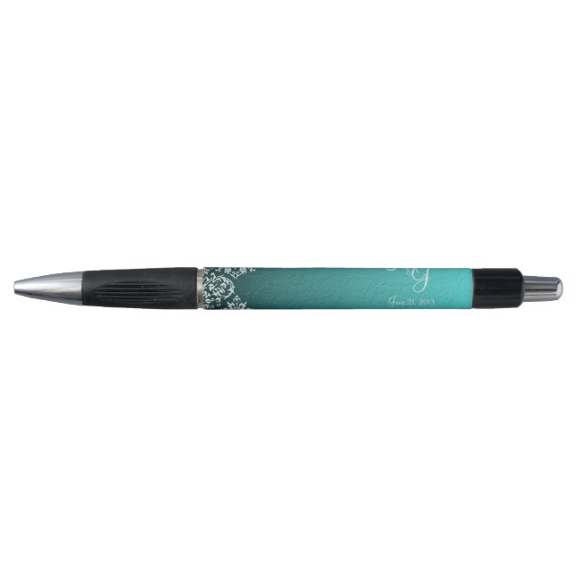 Damask Turquoise Wedding Pens (Front)
