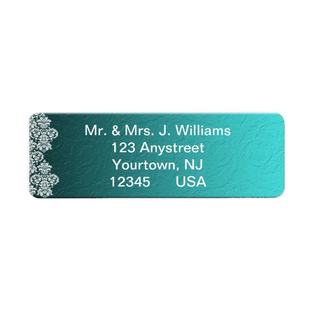 Damask Turquoise Wedding Return Address Label (Front)