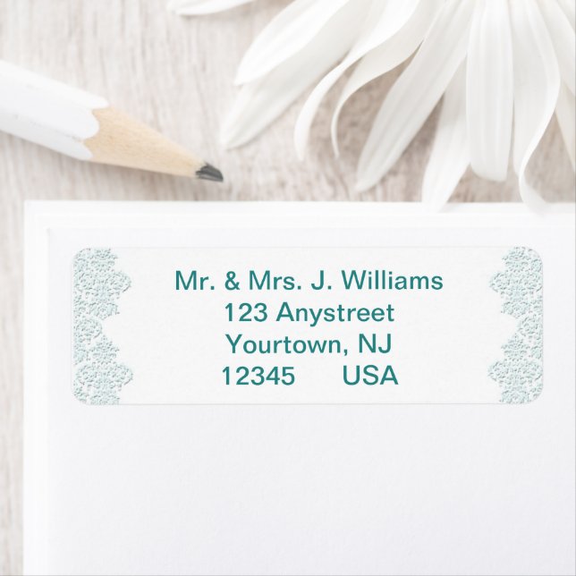 Damask Turquoise Wedding Return Address Label (Insitu)