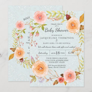 Damask Typography Blue n Pink Watercolor Floral Invitation