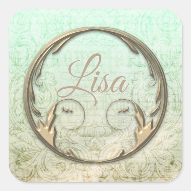 Damask victorian script gold green elegant square sticker (Front)