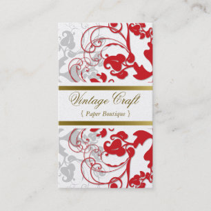 Damask Vintage Floral Flourish Chic Red Elegant Business Card