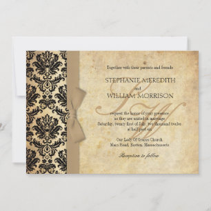 Damask Vintage Ivory Bow Wedding Invitation