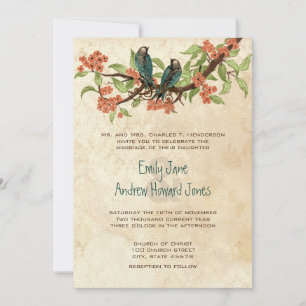 Damask Vintage Love Birds Tea Stain Wedding Invite