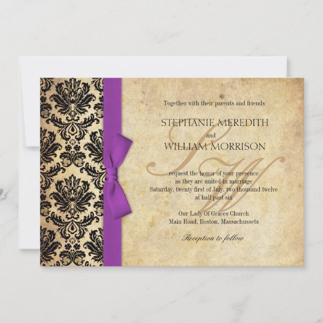 Damask Vintage Purple Bow Wedding Invitation (Front)