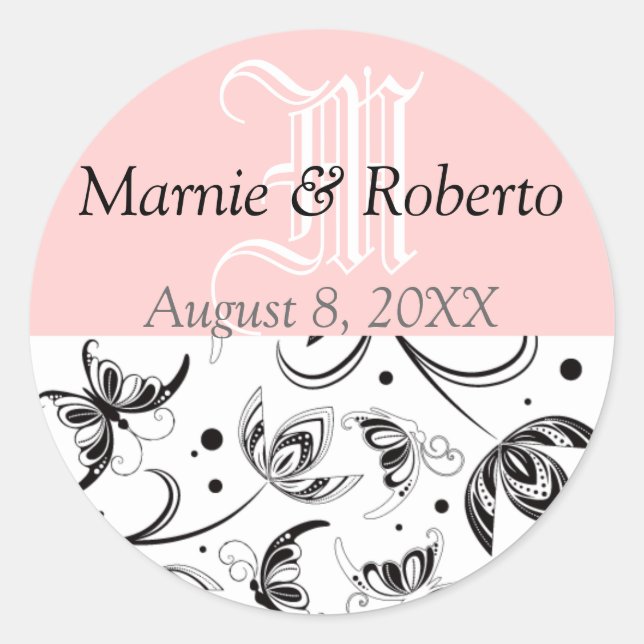 Damask Wedding Bride Groom Names Date Monogram Classic Round Sticker (Front)