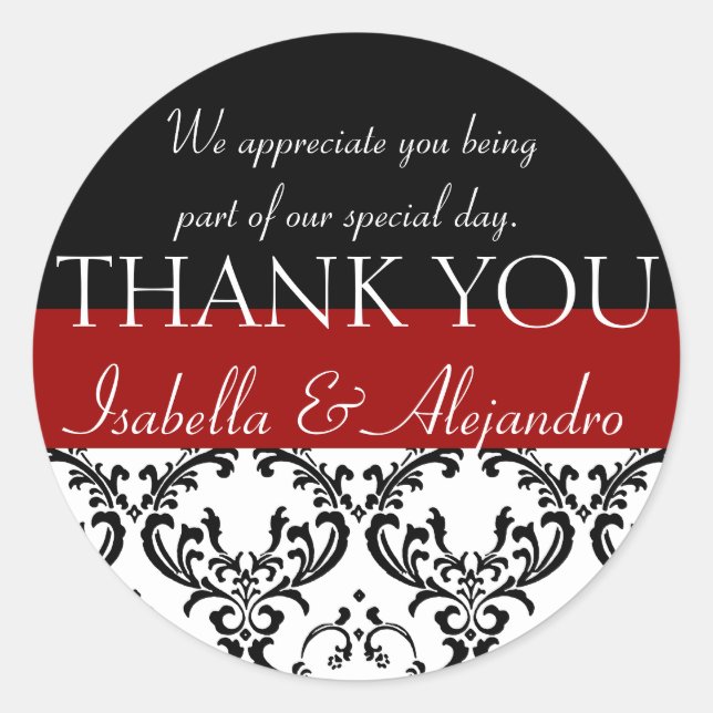 Damask Wedding Favour Thank You Label Red (Front)