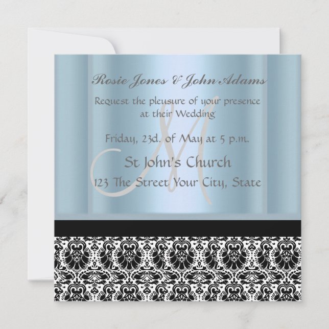 Damask Wedding Invitation black and Sky Blue (Front)