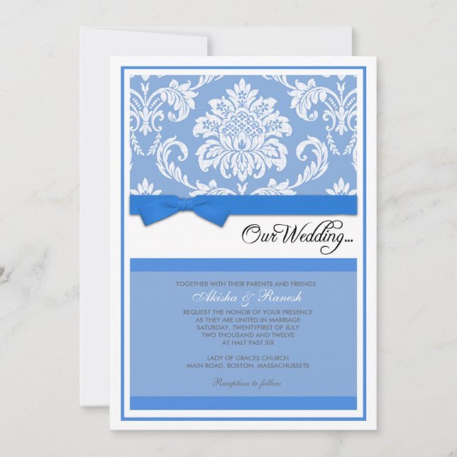 Damask Wedding Invitation in Blue (Front)
