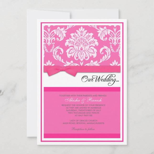 Damask Wedding Invitation in Fuchsia (Front)