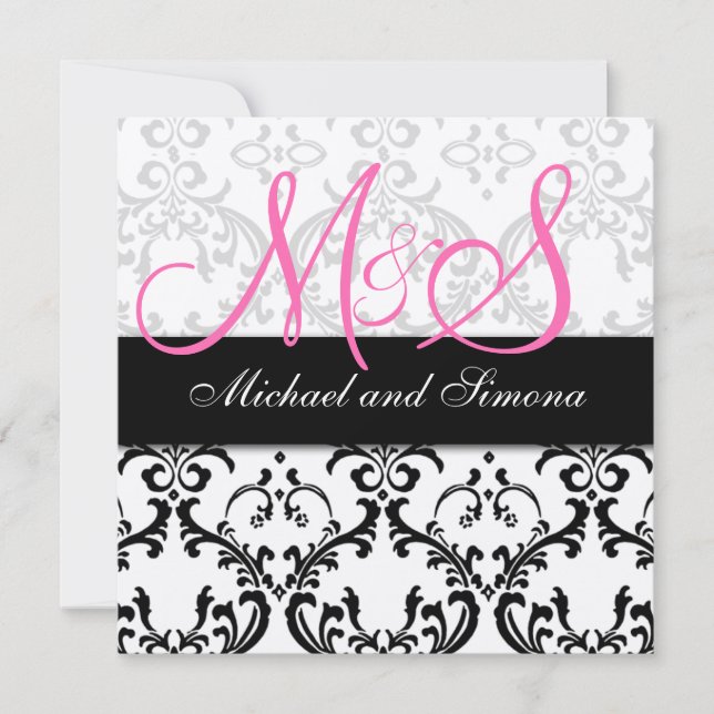 Damask Wedding Invitation Initials Names Pink (Front)