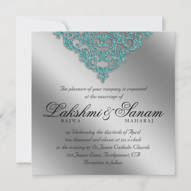 Damask Wedding Invite Sparkle Silver Teal (Front)