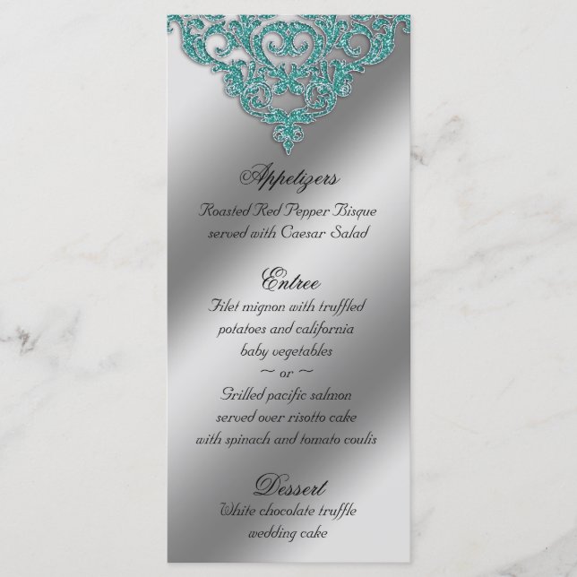 Damask Wedding Menu Cards Sparkle Teal Blue (Front)
