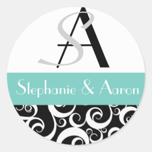 Damask Wedding Monogram in Black and Aqua Classic Round Sticker