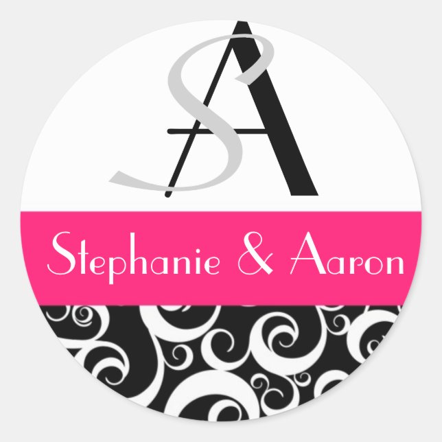 Damask Wedding Monogram in Black and Hot Pink Classic Round Sticker (Front)