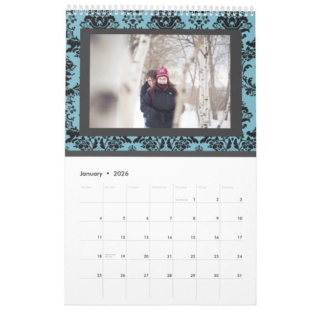 Damask Wedding Monogram Signature Photo Guestbook Calendar (Jan 2026)
