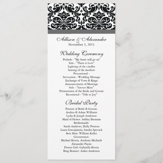 Damask Wedding Program Black & Charcoal Grey Programme (Front)