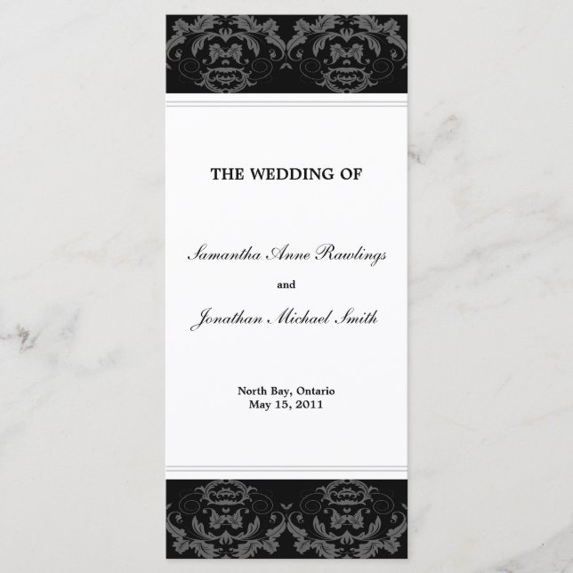 Damask Wedding Program- Black & White Wedding Programme (Front)