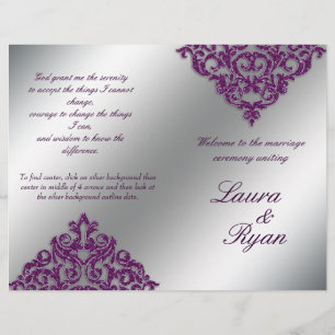 Damask Wedding Program Flyer Silver Purple Glitter