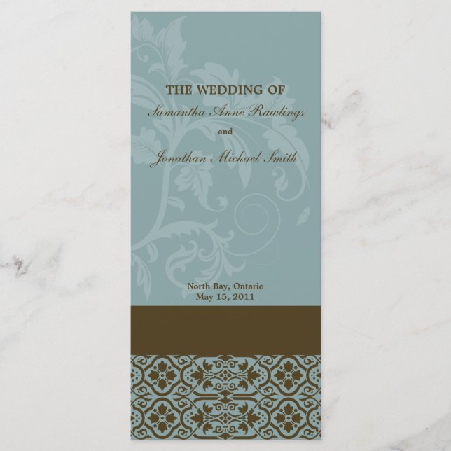 Damask Wedding Program- Turquoise Blue & Brown Programme (Front)