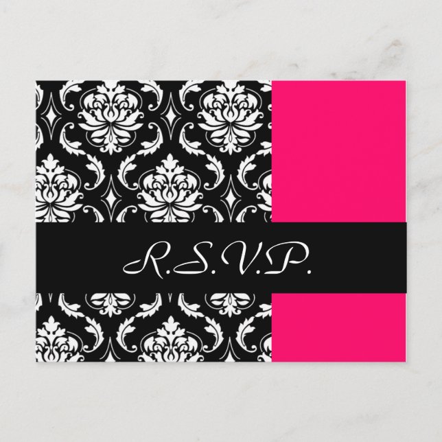 Damask Wedding RSVP Card Fushia (Front)