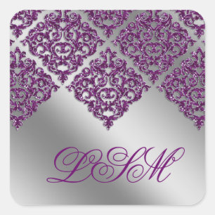 Damask Wedding Stickers Purple Initial Sparkle