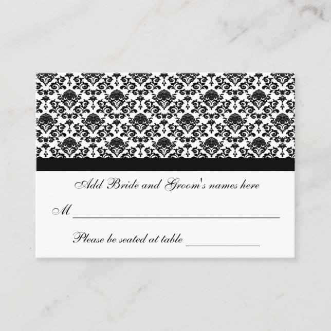 Damask White And Black Formal Seating Place Card (Front)