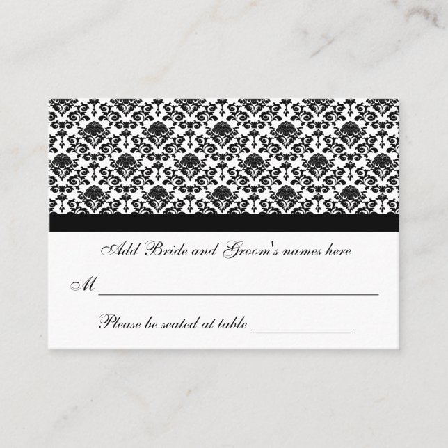 Damask White And Black Formal Seating Place Card (Front)