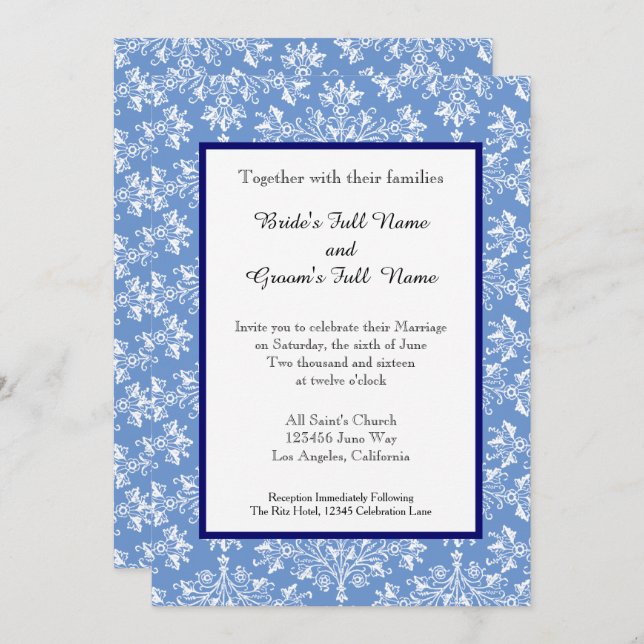 Damask White on Cornflower Blue Editable Wedding  Invitation (Front/Back)