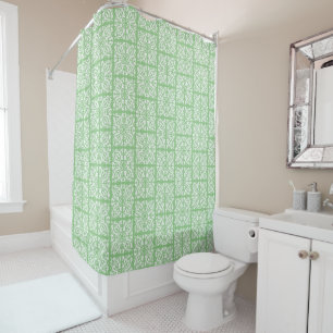 Damask white on green shower curtain