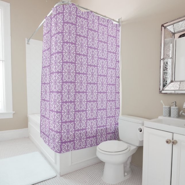 Damask white on lilac shower curtain (In Situ)