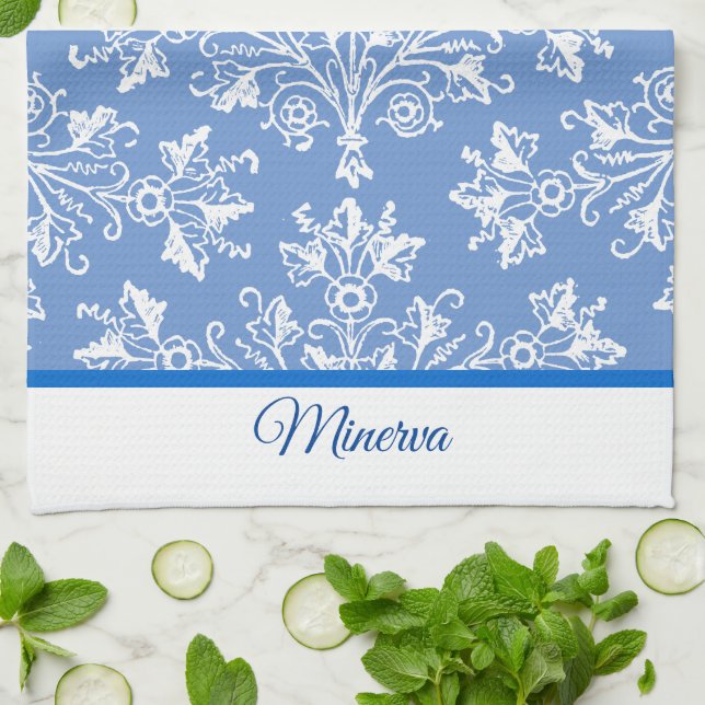 Damask White with Editable Border Tea Towel (Folded)