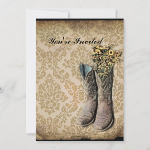 Damask wildflower Western country cowboy boots Invitation