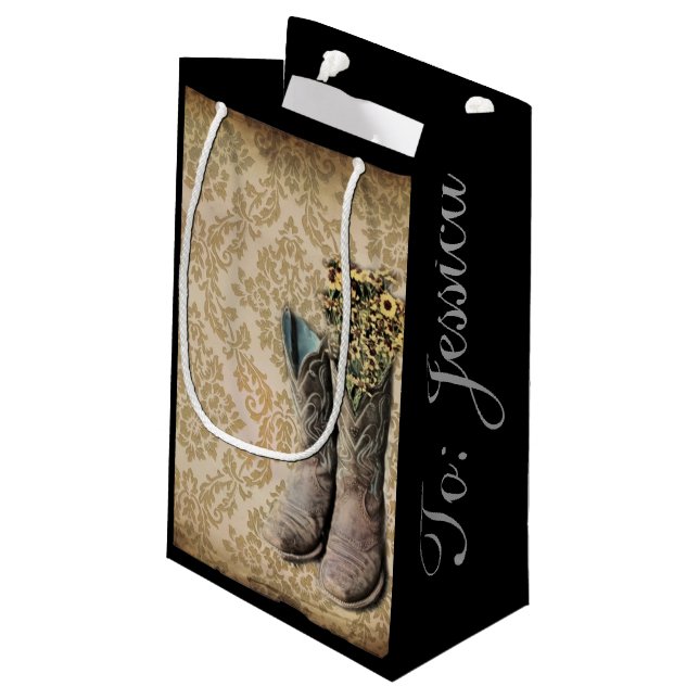 Damask wildflower Western country cowboy boots Small Gift Bag (Back Angled)