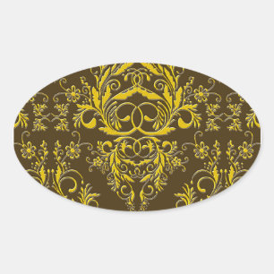Damask Wildflowers, Embossed Metal in Brown & Gold Oval Sticker